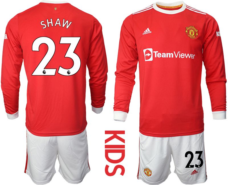 Youth 2021-2022 Club Manchester united home red Long Sleeve #23 Soccer Jersey->youth soccer jersey->Youth Jersey